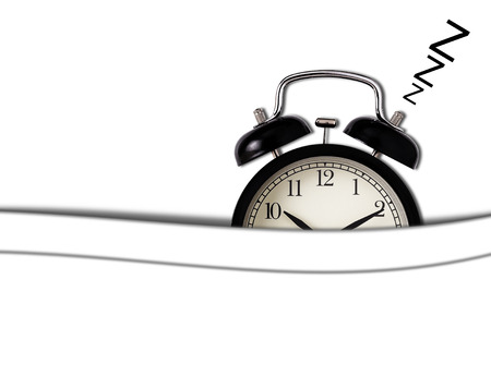 Wake up late concept, alarm clock sleep on white bed background