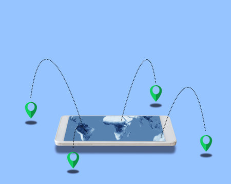 Navigation concept, mobile phone on blue background,の写真素材