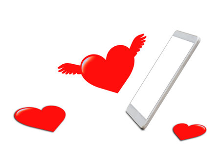 Mobile phone and hearts on white background, valentine day, romantic and falling in love conceptの写真素材