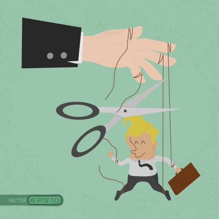 Cutting the strings of a business man puppet, giving it freedom  , eps10 vector formatのイラスト素材