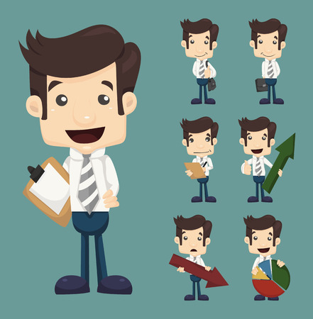 Set of businessman characters poses  with charts , eps10 vector formatのイラスト素材