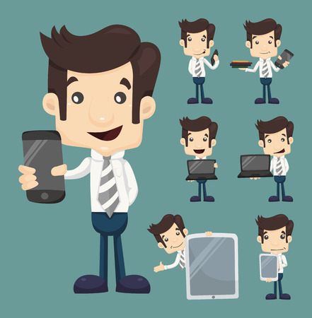Set of businessman show tablet and smart phone characters poses , eps10 vector formatのイラスト素材