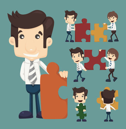 Set of businessman holding up jigsaw puzzle pieces as a solution to a problem , eps10 vector formatのイラスト素材