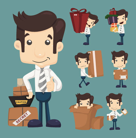 Set of businessman moving office and packing in boxes characters poses のイラスト素材