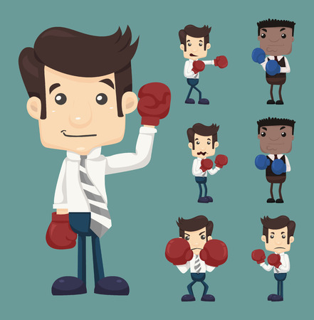 Set of businessman fight with boxing gloves characters posesのイラスト素材