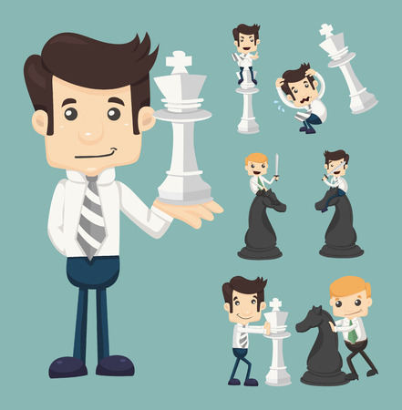 Set of businessman fighting, playing chess のイラスト素材