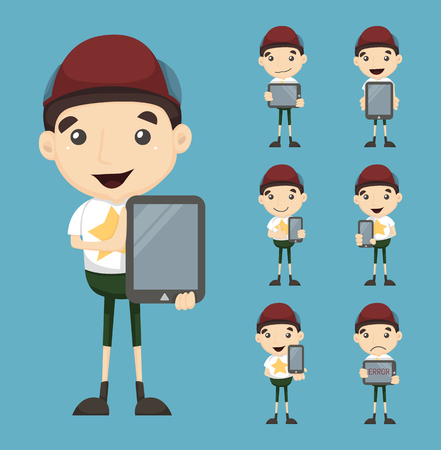 Set of boy and tablet  のイラスト素材