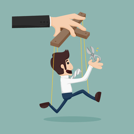 Cutting the strings of a business man puppet, giving it freedom のイラスト素材