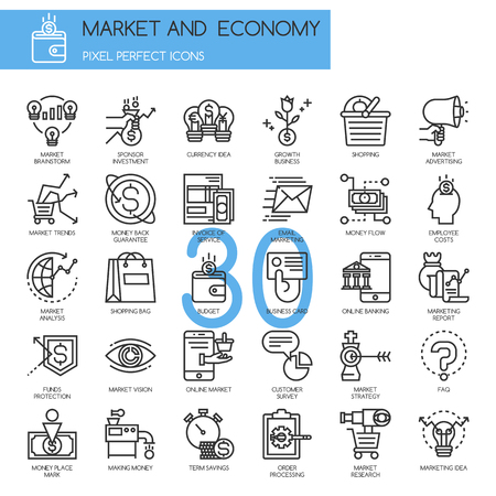 Market and Economy, thin line icons setのイラスト素材