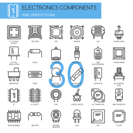 Electronic components , thin line icons set ,pixel perfect iconsのイラスト素材