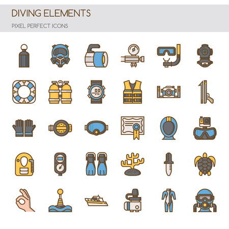 Diving Elements , Thin Line and Pixel Perfect Iconsのイラスト素材