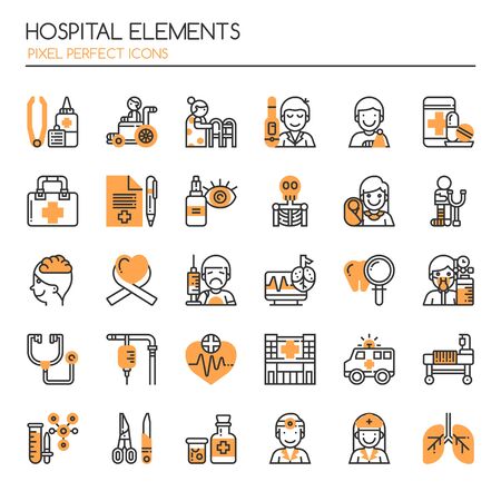 Hospital Elements in thin Line and Pixel Perfect Iconsのイラスト素材