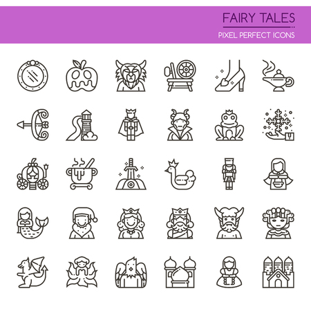 Fairy Tales Elements. Thin Line and Pixel Perfect Iconsのイラスト素材