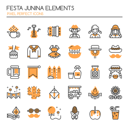 Festa Junina Elements. Thin Line and Pixel Perfect Iconsのイラスト素材