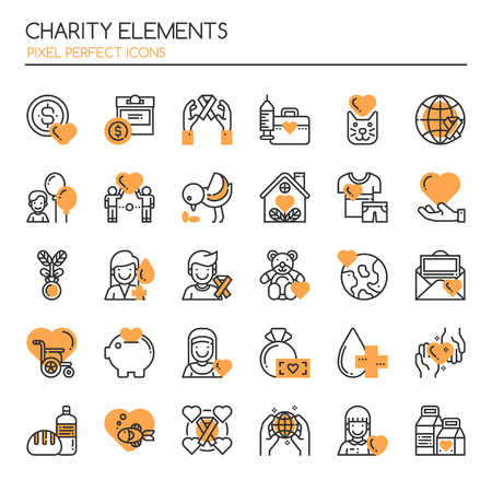 Charity Elements. Thin Line and Pixel Perfect Iconsのイラスト素材