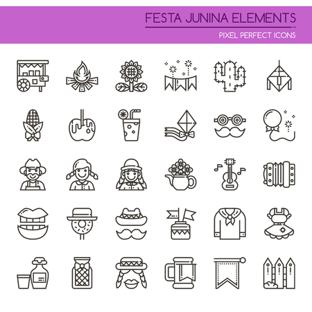 Festa Junina Elements , Thin Line and Pixel Perfect Iconsのイラスト素材