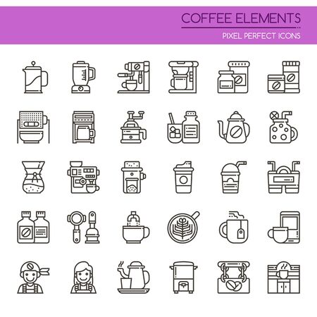 Coffee Elements. Thin Line and Pixel Perfect Iconsのイラスト素材
