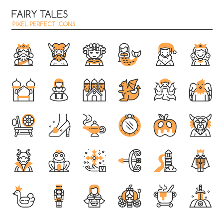 Fairy Tales Elements. Thin Line and Pixel Perfect Iconsのイラスト素材
