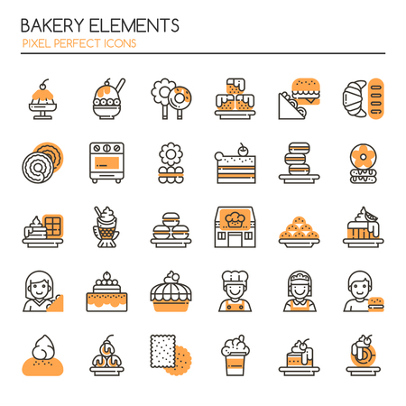 Bakery Elements. Thin Line and Pixel Perfect Iconsのイラスト素材