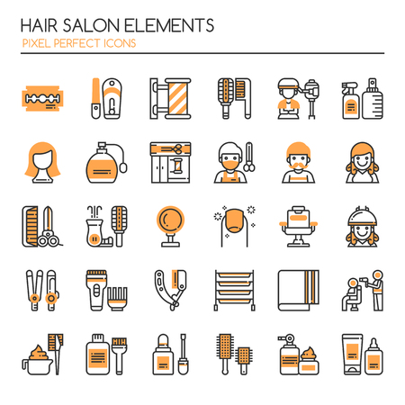 Hair salon element thin line and pixel perfect iconsのイラスト素材