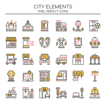 City Elements , Thin Line and Pixel Perfect Iconsのイラスト素材