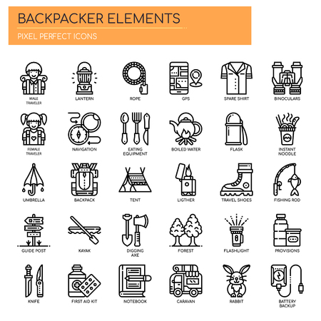 Backpacker Elements , Thin Line and Pixel Perfect Iconsのイラスト素材