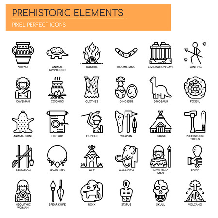 Prehistoric Elements , Thin Line and Pixel Perfect Iconsのイラスト素材