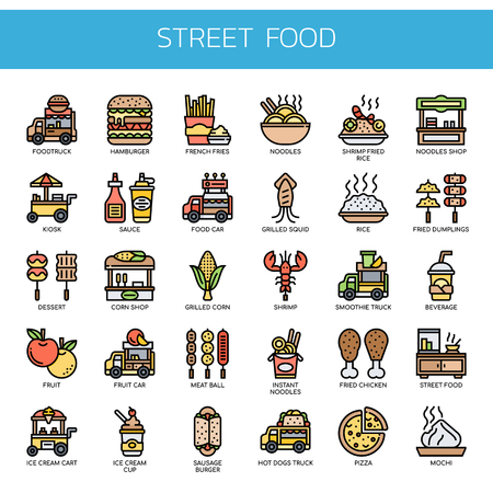 Street Food and Food Truck , Thin Line and Pixel Perfect Iconsのイラスト素材