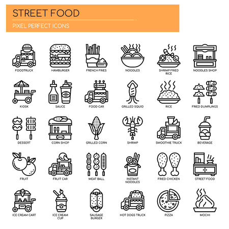 Street Food and Food Truck , Thin Line and Pixel Perfect Iconsのイラスト素材