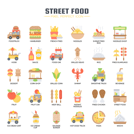 Street Food and Food Truck , Thin Line and Pixel Perfect Iconsのイラスト素材