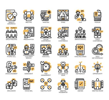 Set of meeting and conference thin line and pixel perfect icons for any web and app project.