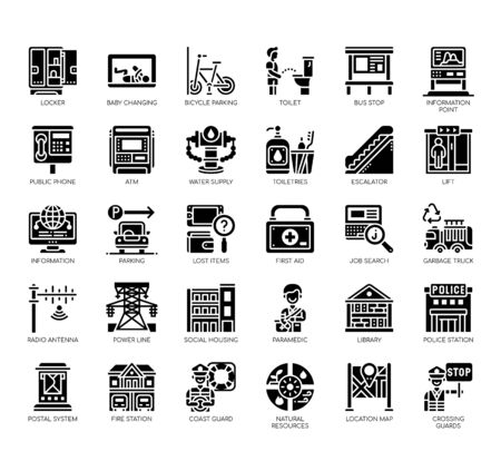Set of public service thin line and pixel perfect icons for any web and app project.のイラスト素材