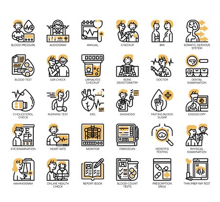 Set of health checkup thin line and pixel perfect icons for any web and app project.のイラスト素材