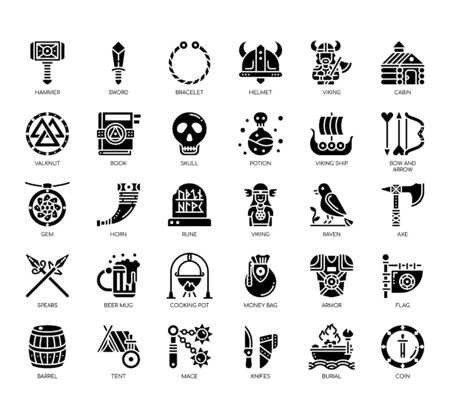 Set of viking thin line and pixel perfect icons for any web and app project.のイラスト素材