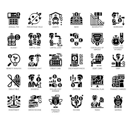 Set of financial literacy thin line and pixel perfect icons for any web and app project.のイラスト素材