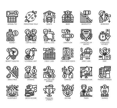 Set of financial literacy thin line and pixel perfect icons for any web and app project.のイラスト素材