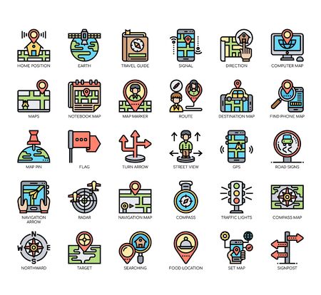 Set of map and navigation thin line and pixel perfect icons for any web and app project.のイラスト素材