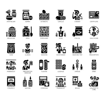 Set of pharmacy thin line and pixel perfect icons for any web and app project.のイラスト素材