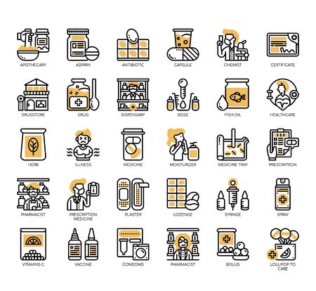 Set of pharmacy thin line and pixel perfect icons for any web and app project.のイラスト素材
