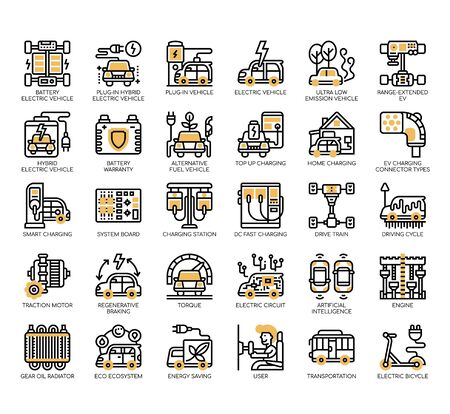 Set of electric vehicle thin line and pixel perfect icons for any web and app project.のイラスト素材