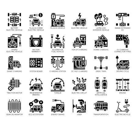 Set of electric vehicle thin line and pixel perfect icons for any web and app project.のイラスト素材