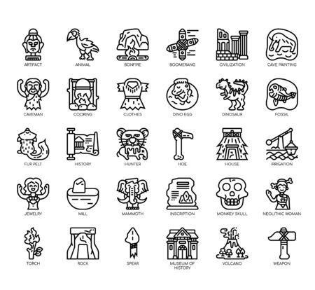 Set of prehistoric thin line and pixel perfect icons for any web and app project.のイラスト素材