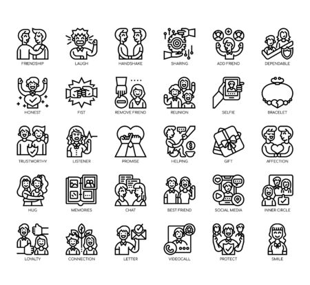 Set of friendship thin line and pixel perfect icons for any web and app project.のイラスト素材