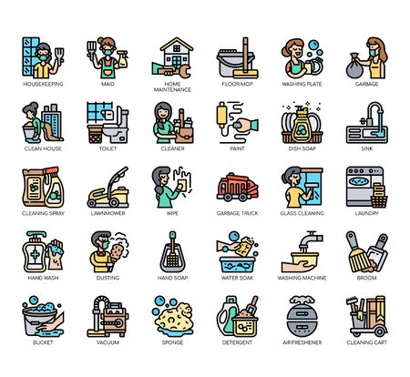 Set of housekeeping thin line and pixel perfect icons for any web and app project.のイラスト素材