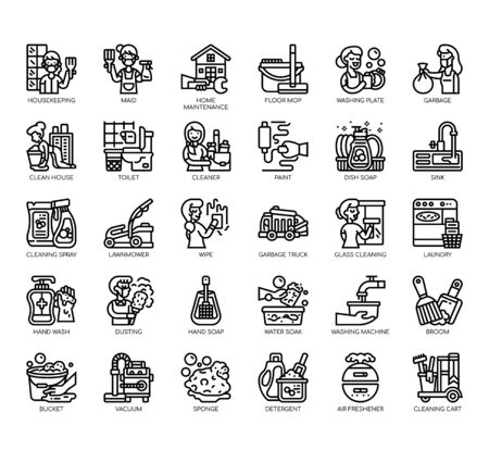 Set of housekeeping thin line and pixel perfect icons for any web and app project.のイラスト素材