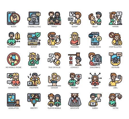 Set of cyberbulling thin line and pixel perfect icons for any web and app project.のイラスト素材