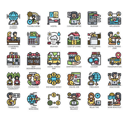 Set of digital nomad thin line and pixel perfect icons for any web and app project.のイラスト素材