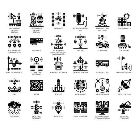 Set of satellite thin line and pixel perfect icons for any web and app project.のイラスト素材