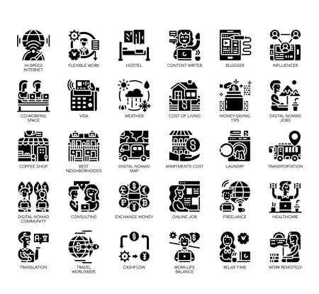 Set of digital nomad thin line and pixel perfect icons for any web and app project.のイラスト素材