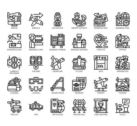 Set of airport thin line and pixel perfect icons for any web and app project.のイラスト素材